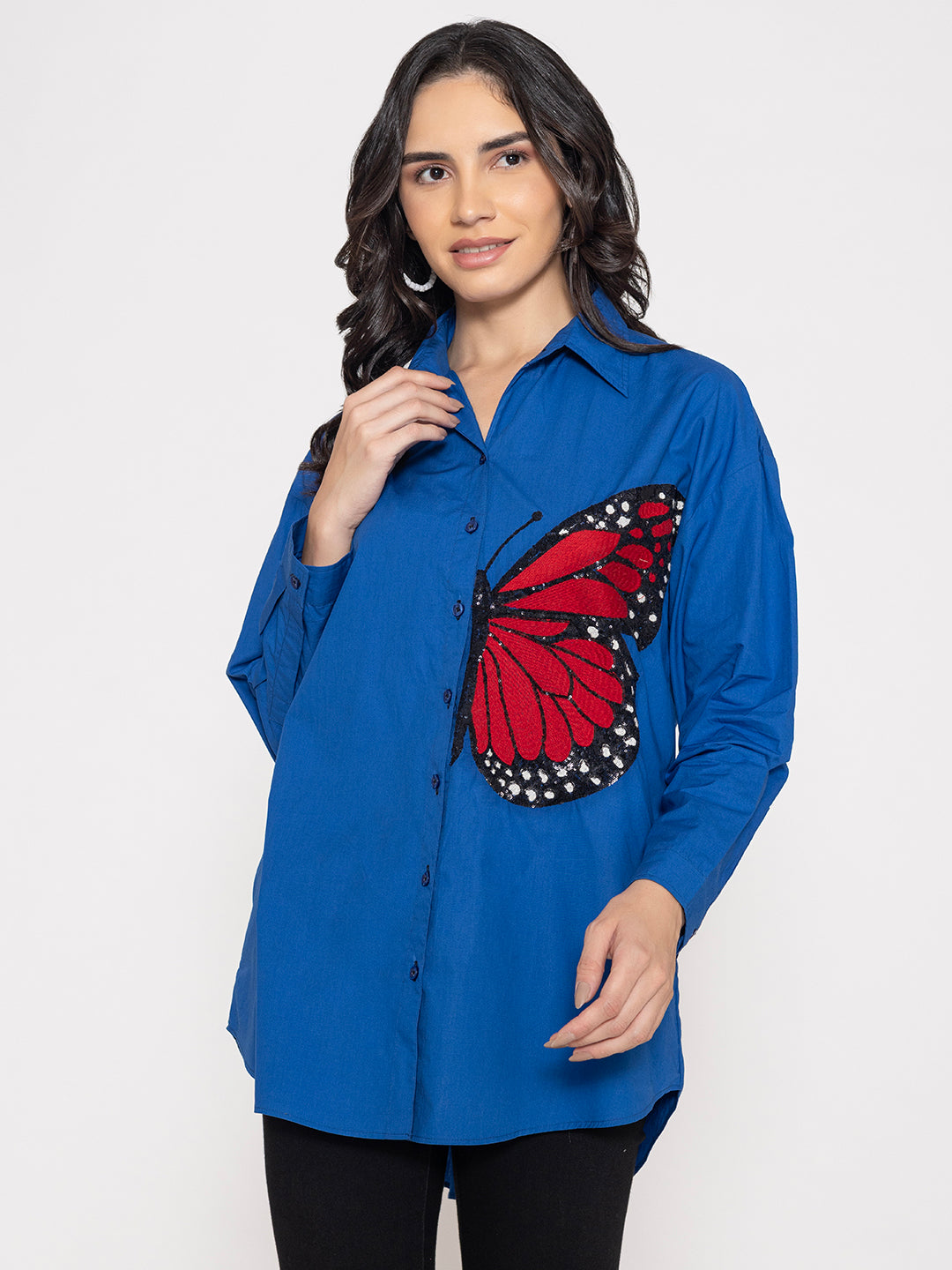 SOLID COLOR FRONT EMBROIDERED BUTTON UP EMBROIDERED SHIRT-