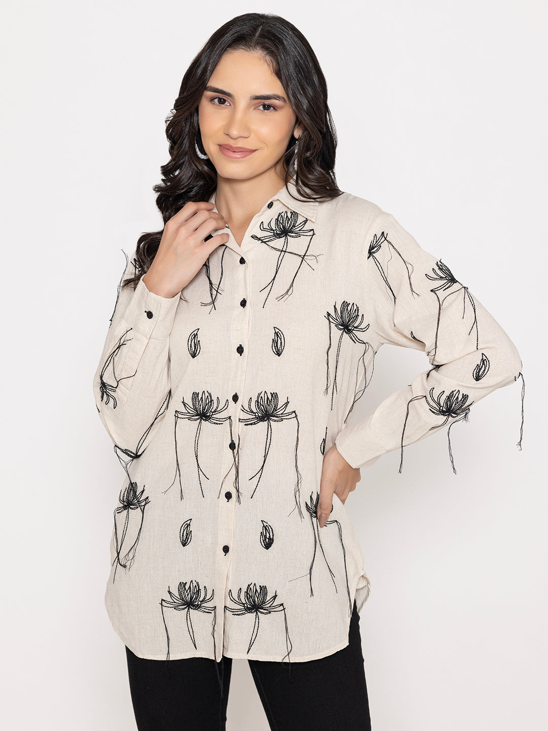 SOLID COLOR FRONTBACK AND SLEEVES BUTTON UP EMBROIDERED SHIRT