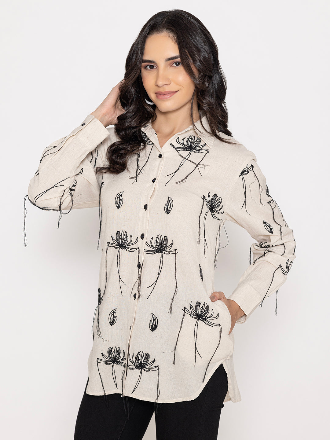 SOLID COLOR FRONTBACK AND SLEEVES BUTTON UP EMBROIDERED SHIRT