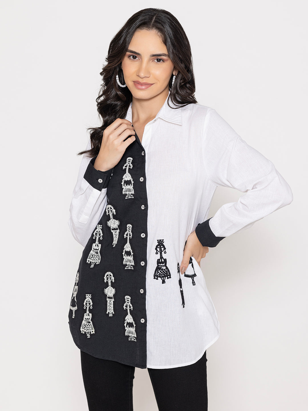 SOLID COLOR EMBROIDERED SLEEVES SHIRT