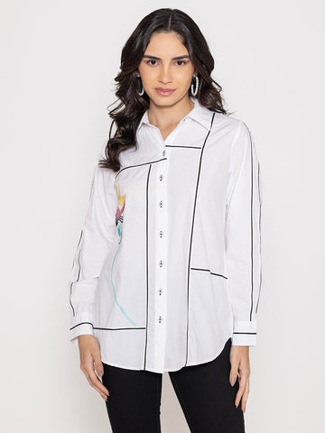 SOLID COLOR FRONT BUTTON UP EMBROIDERED SHIRT