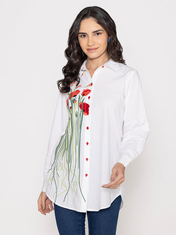 White Embroidered Shirt with Collar