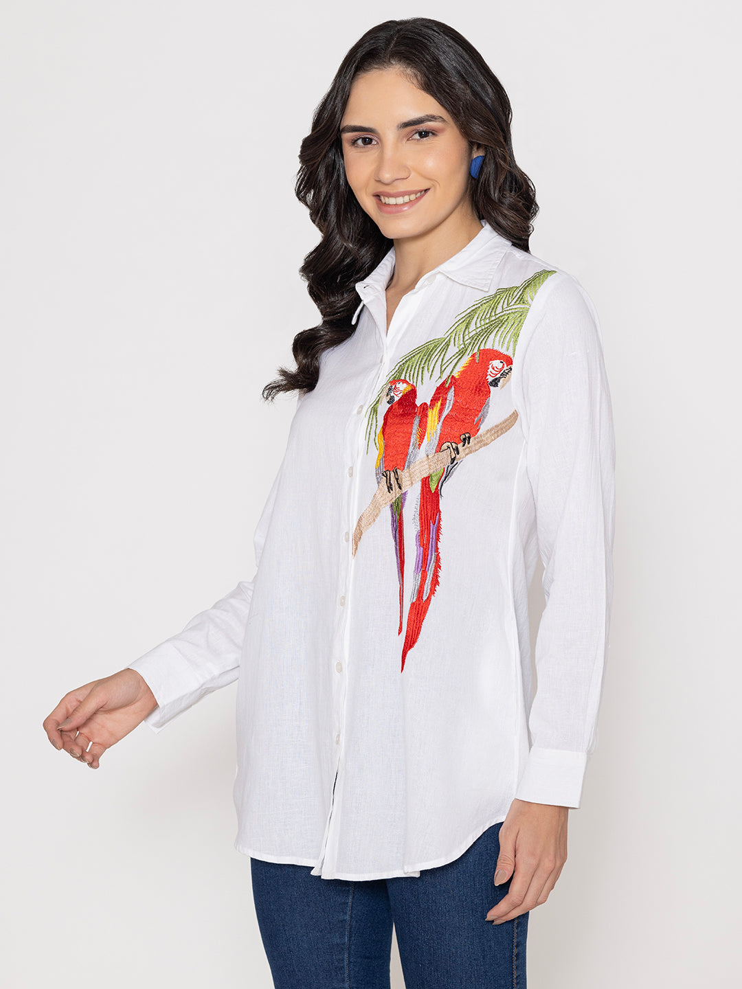 SOLID COLOR FRONT EMBROIDERED BUTTON UP EMBROIDERED SHIRT-