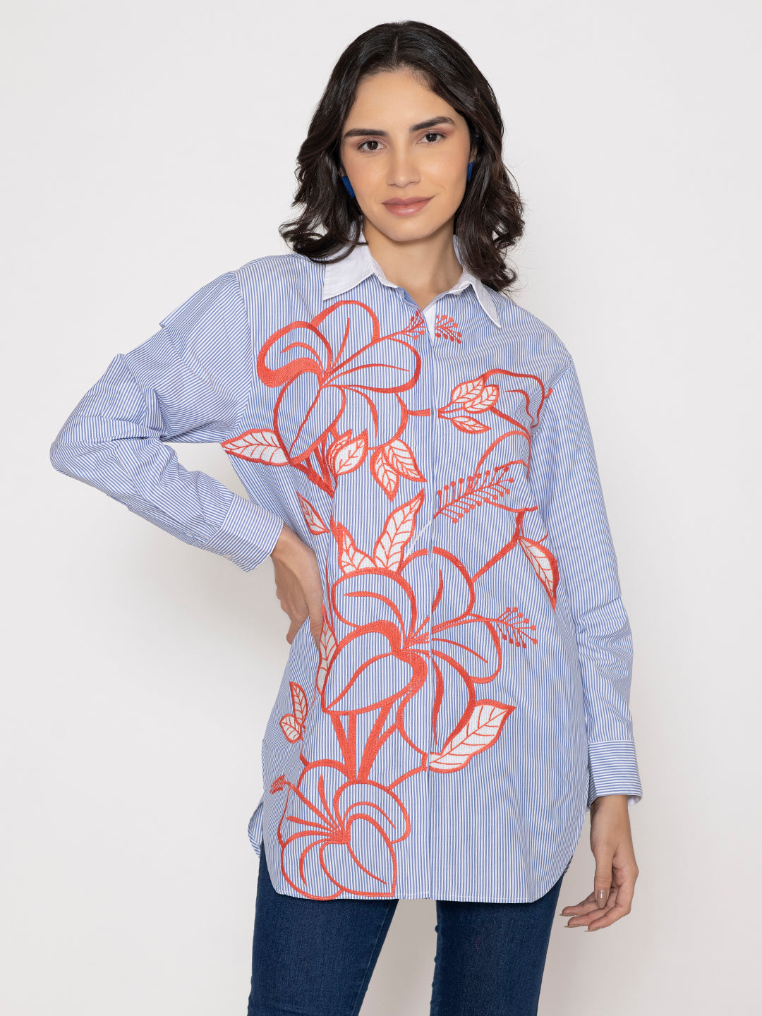 Floral Embroidered Blue Shirt