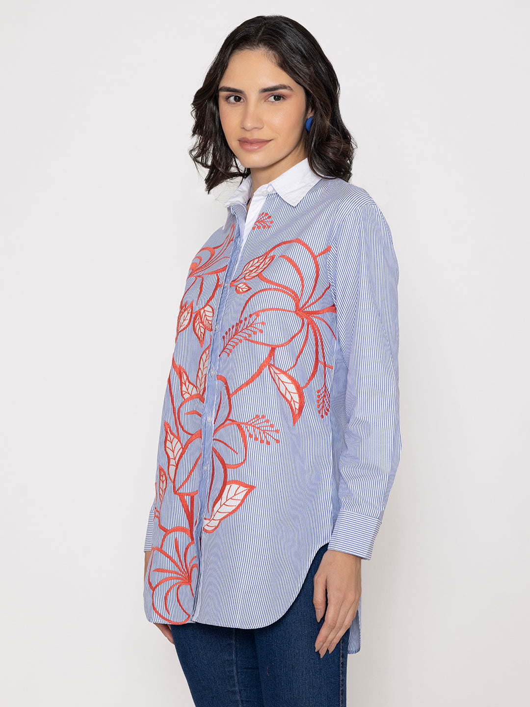 Floral Embroidered Blue Shirt