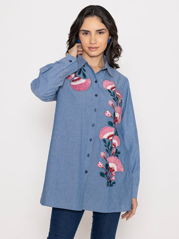 SOLID COLOR FRONT EMBROIDERED BUTTON UP EMBROIDERED SHIRT