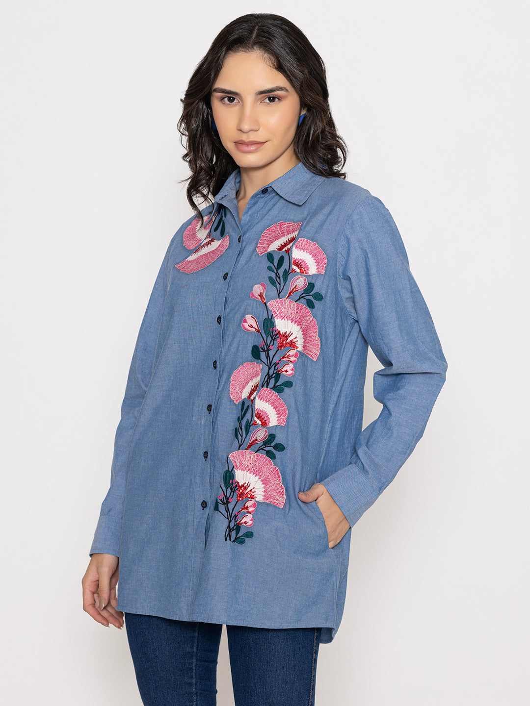 SOLID COLOR FRONT EMBROIDERED BUTTON UP EMBROIDERED SHIRT