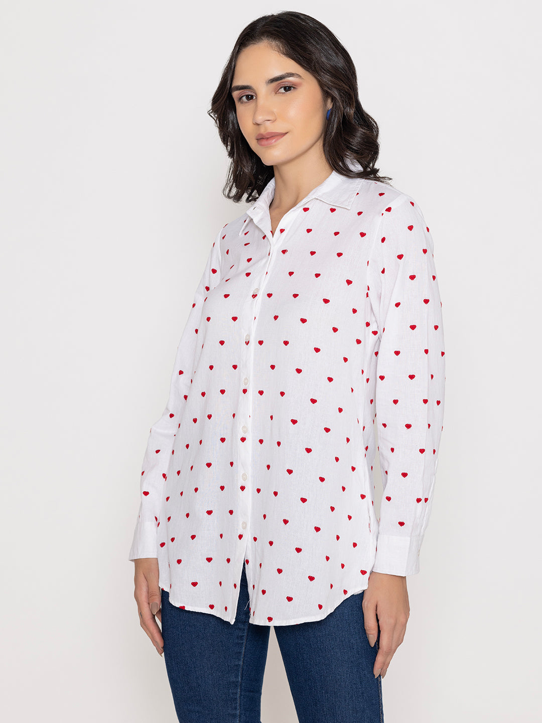 SOLID COLOR FRONT BUTTON UP EMBROIDERED SHIRT