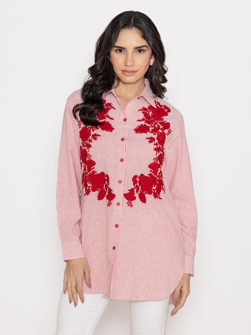 Pink Floral Shirt with Embroidered Front