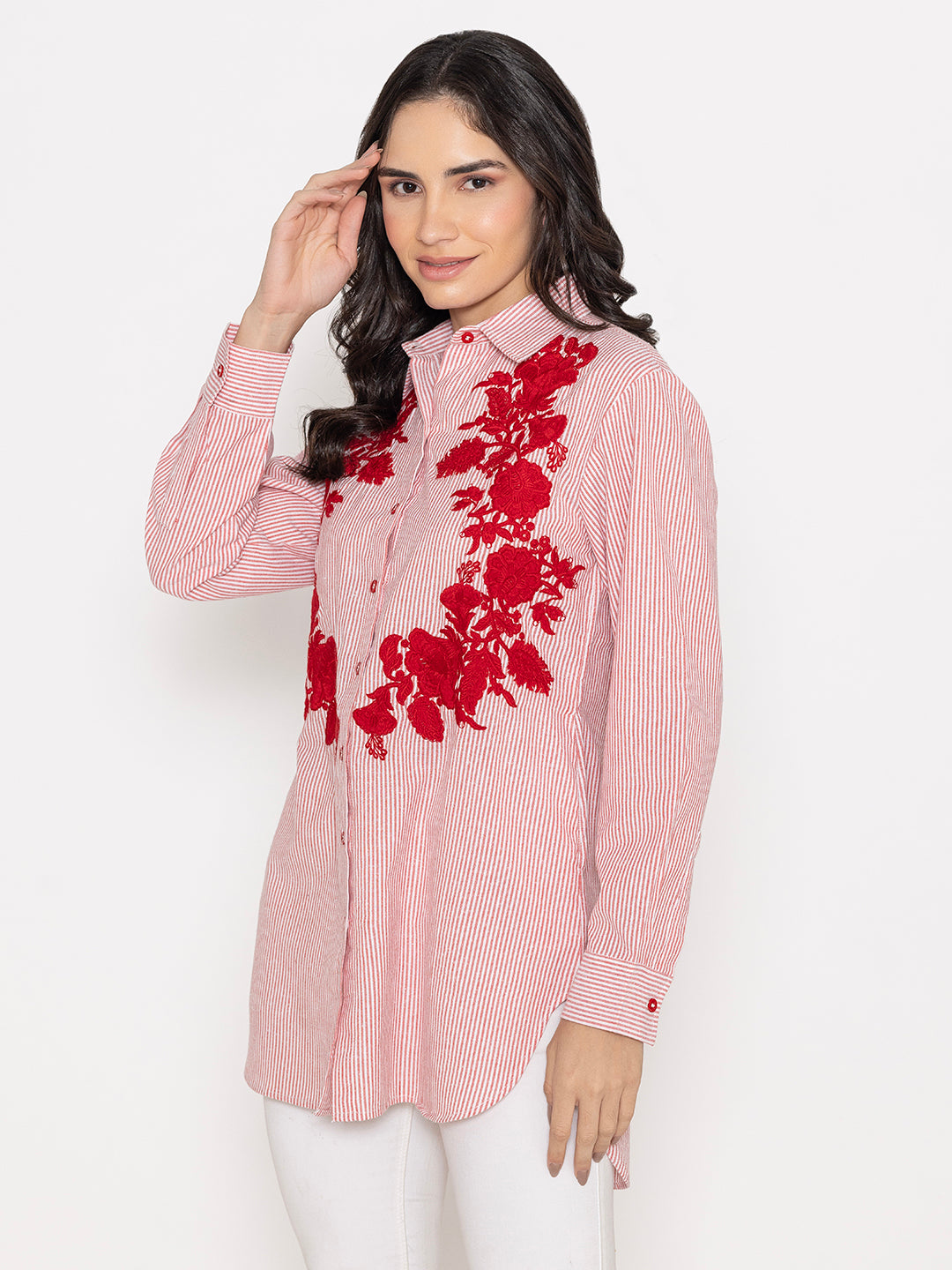 Pink Floral Shirt with Embroidered Front