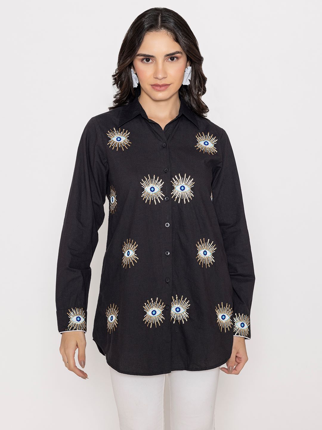 Black Shirt with Artful Embroidery on the Front & Back