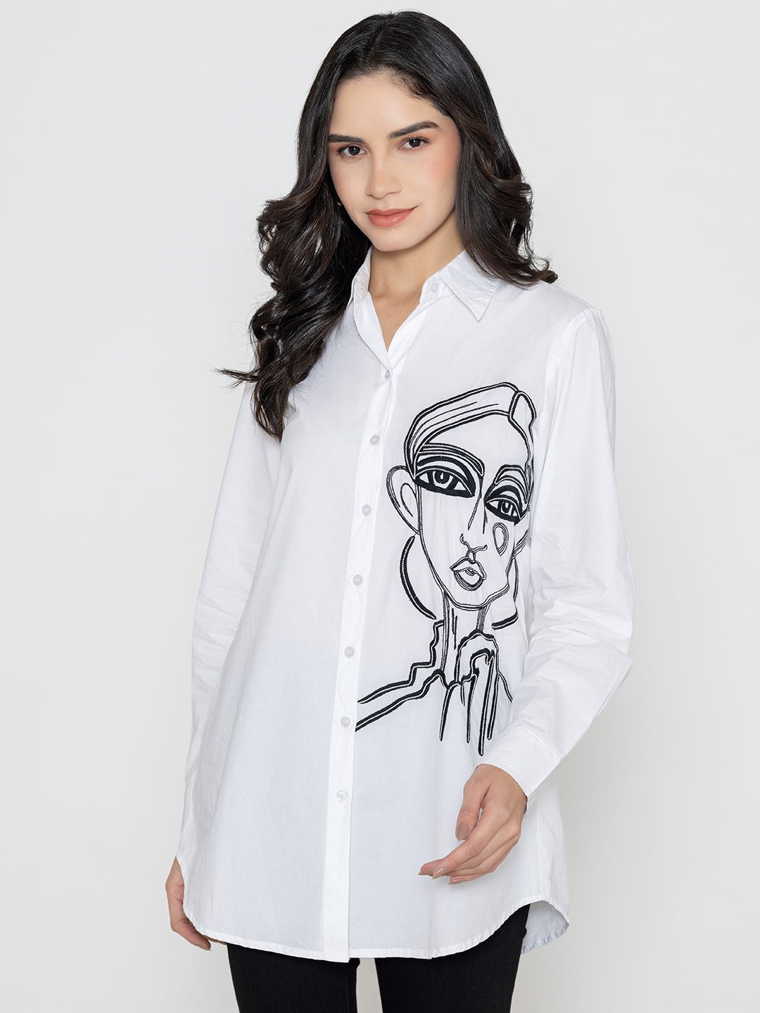 SOLID COLOR FRONT BUTTON UP EMBROIDERED SHIRT