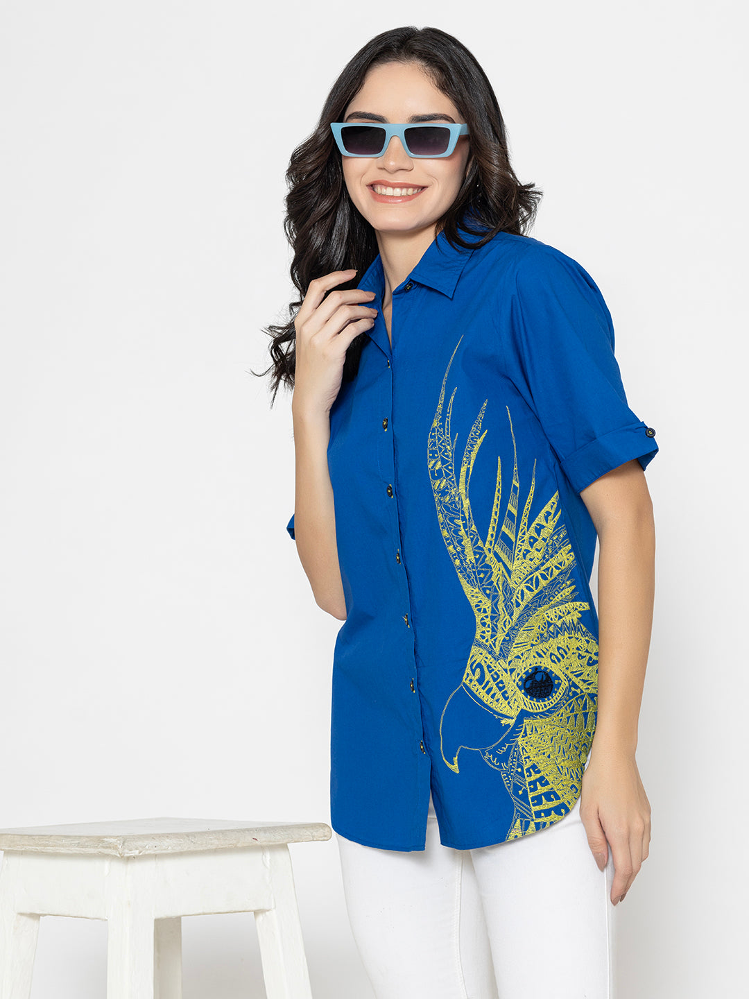 SOLID COLOR FRONT EMBROIDERED BUTTON UP EMBROIDERED SHIRT