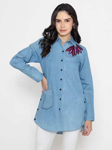 SOLID COLOR FRONT BACK EMBROIDERED BUTTON UP EMBROIDERED SHIRT