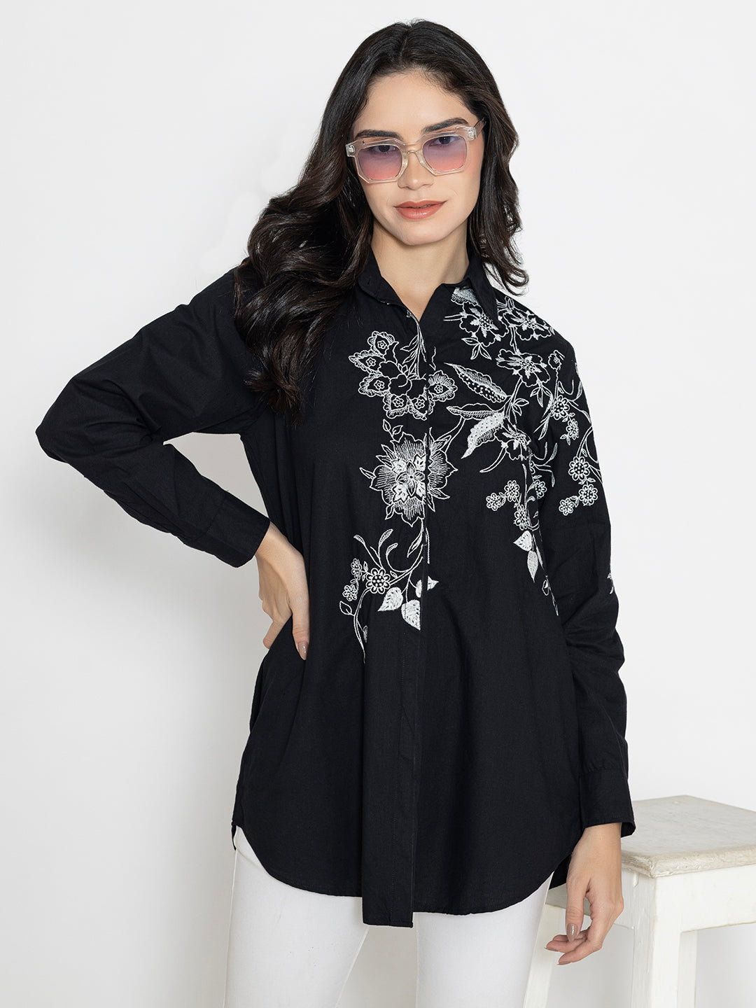 Floral Embroidered Black Shirt