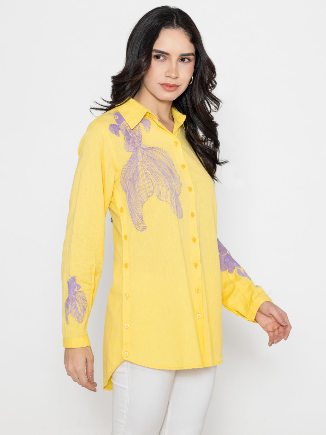 SOLID COLOR FRONT & SLEEVES EMBROIDERED BUTTON-UP YELLOW SHIRT.