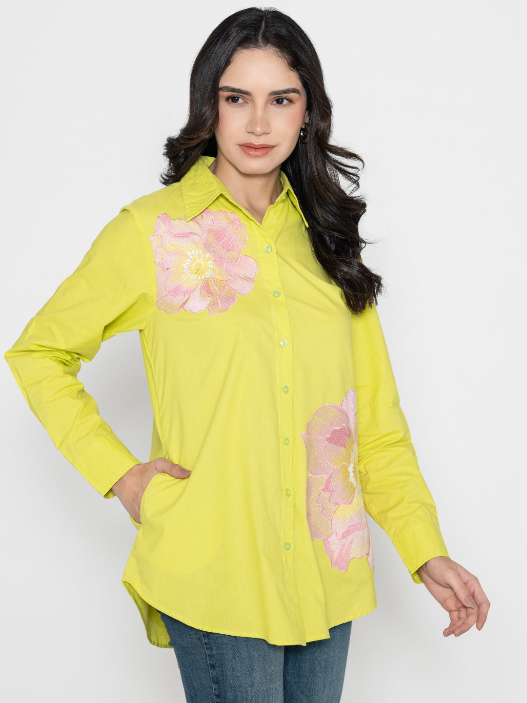 VIBRANT YELLOW SOLID COLOR FRONT EMBROIDERED SHIRT