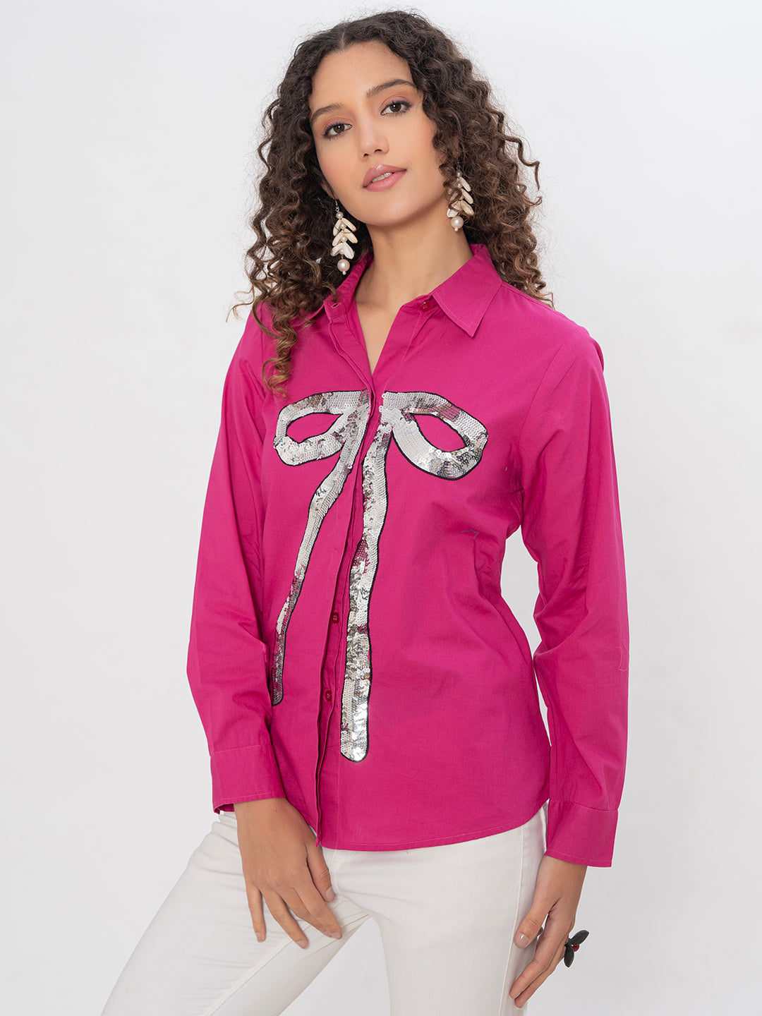 SOLID COLOR FRONT EMBROIDERED SEQUENCE COTTON SHIRT