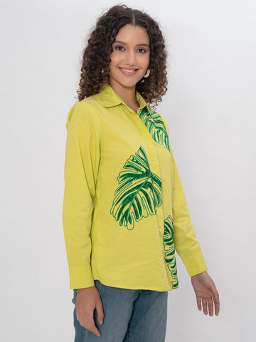 VIBRANT YELLOW FRONT EMBROIDERED SEQUENCE COTTON SHIRT