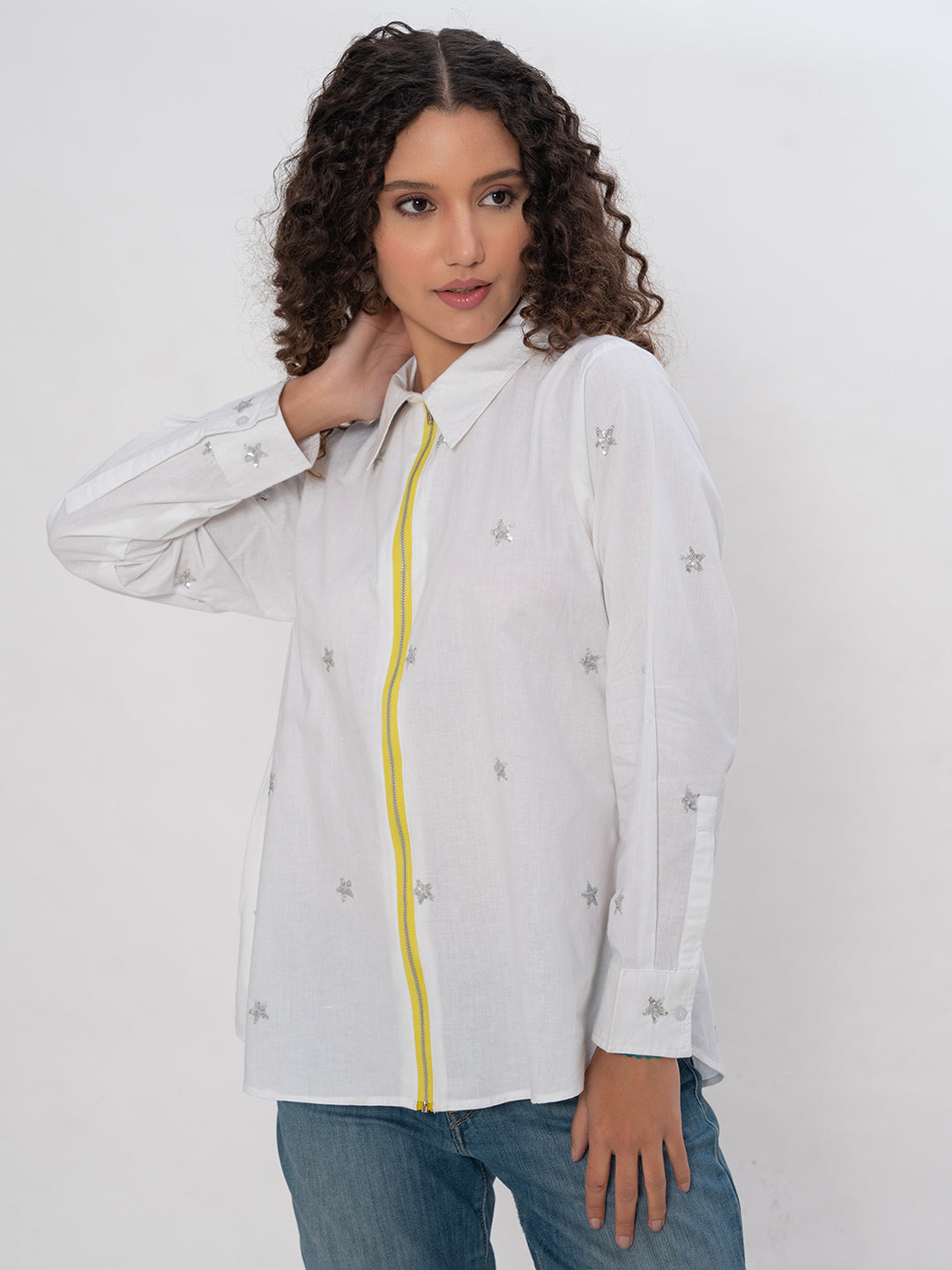 SOLID COLOR FRONT ZIPPER FULL EMBROIDERED SEQUENCE COTTON SHIRT