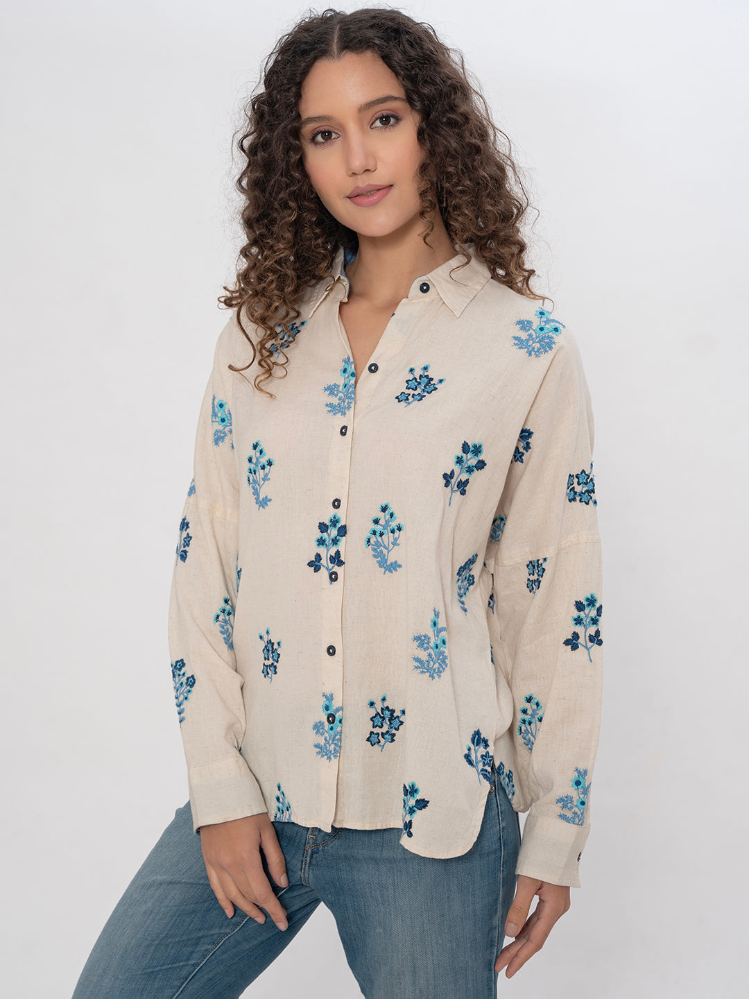 SOLID COLOR FLORAL FULL EMBROIDERED COTTON SHIRT