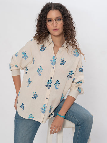 SOLID COLOR FLORAL FULL EMBROIDERED COTTON SHIRT