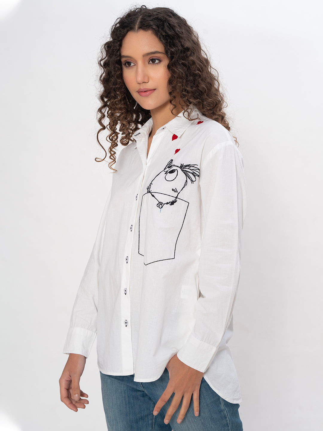 SOLID COLOR FRONT AND BACK EMBROIDERED TWEETY COTTON SHIRT