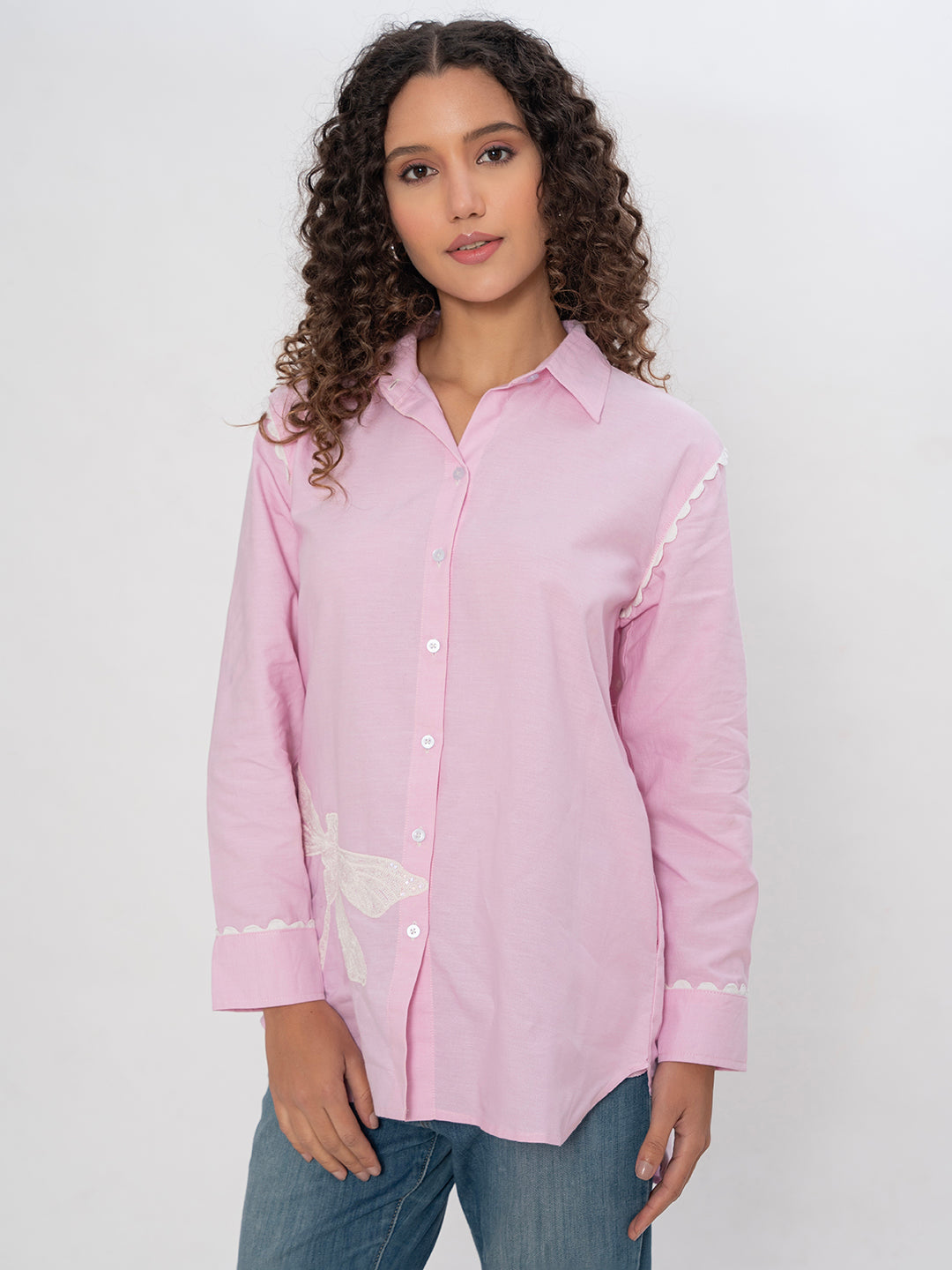 PINK COLOR FRONT AND BACK EMBROIDERED SEQUENCE COTTON SHIRT