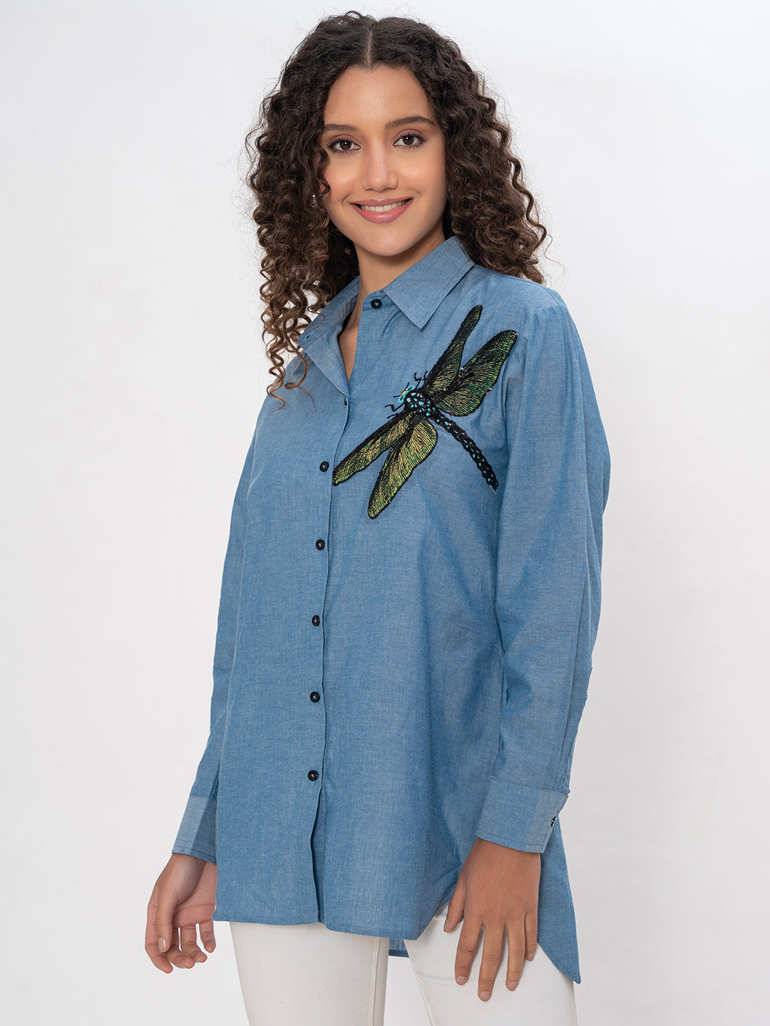 DENIM FRONT AND BACK EMBROIDERED SEQUENCE SHIRT