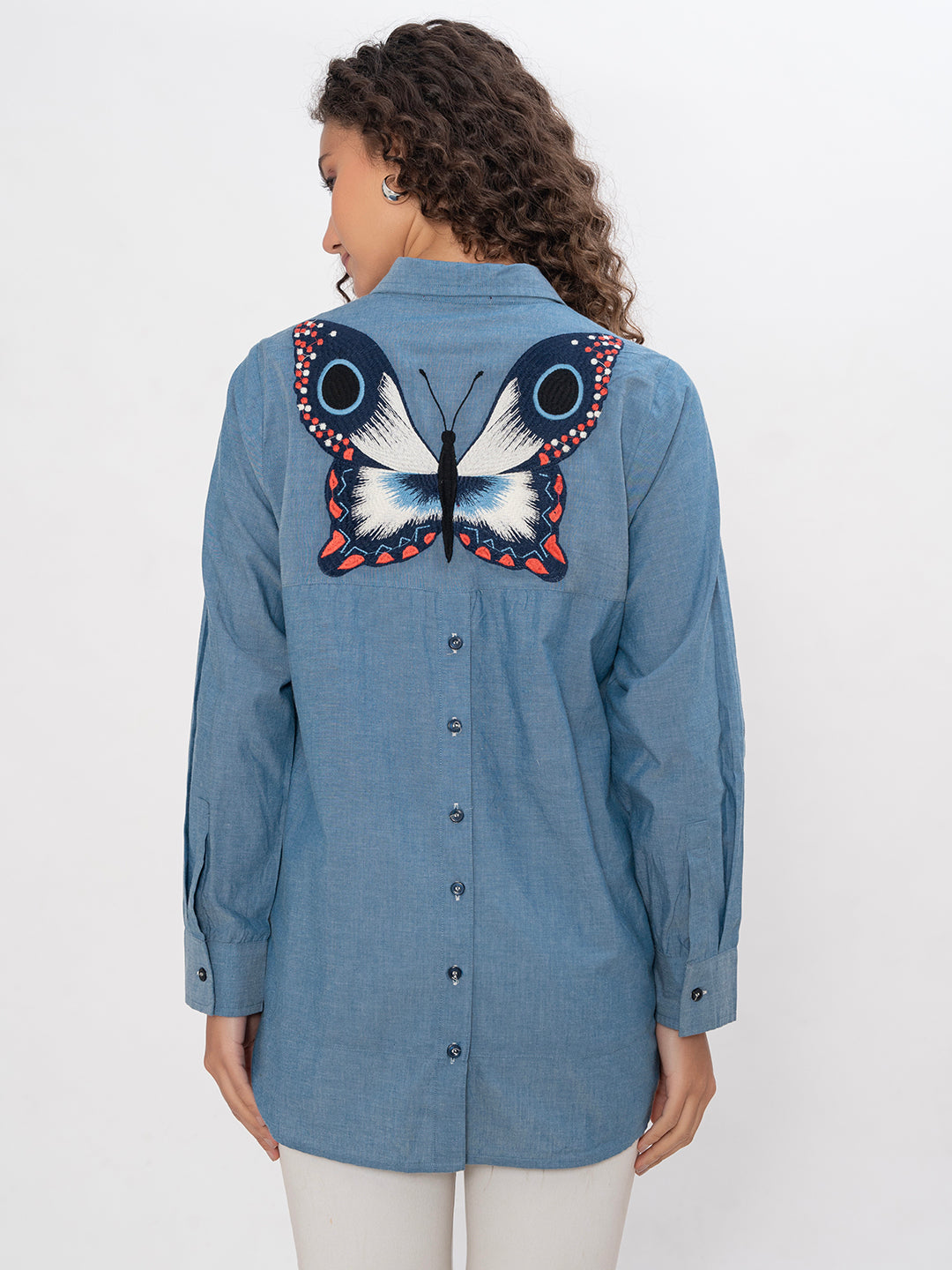 DENIM FRONT AND COLLAR EMBROIDERED SHIRT