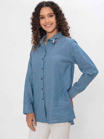 DENIM FRONT AND COLLAR EMBROIDERED SHIRT