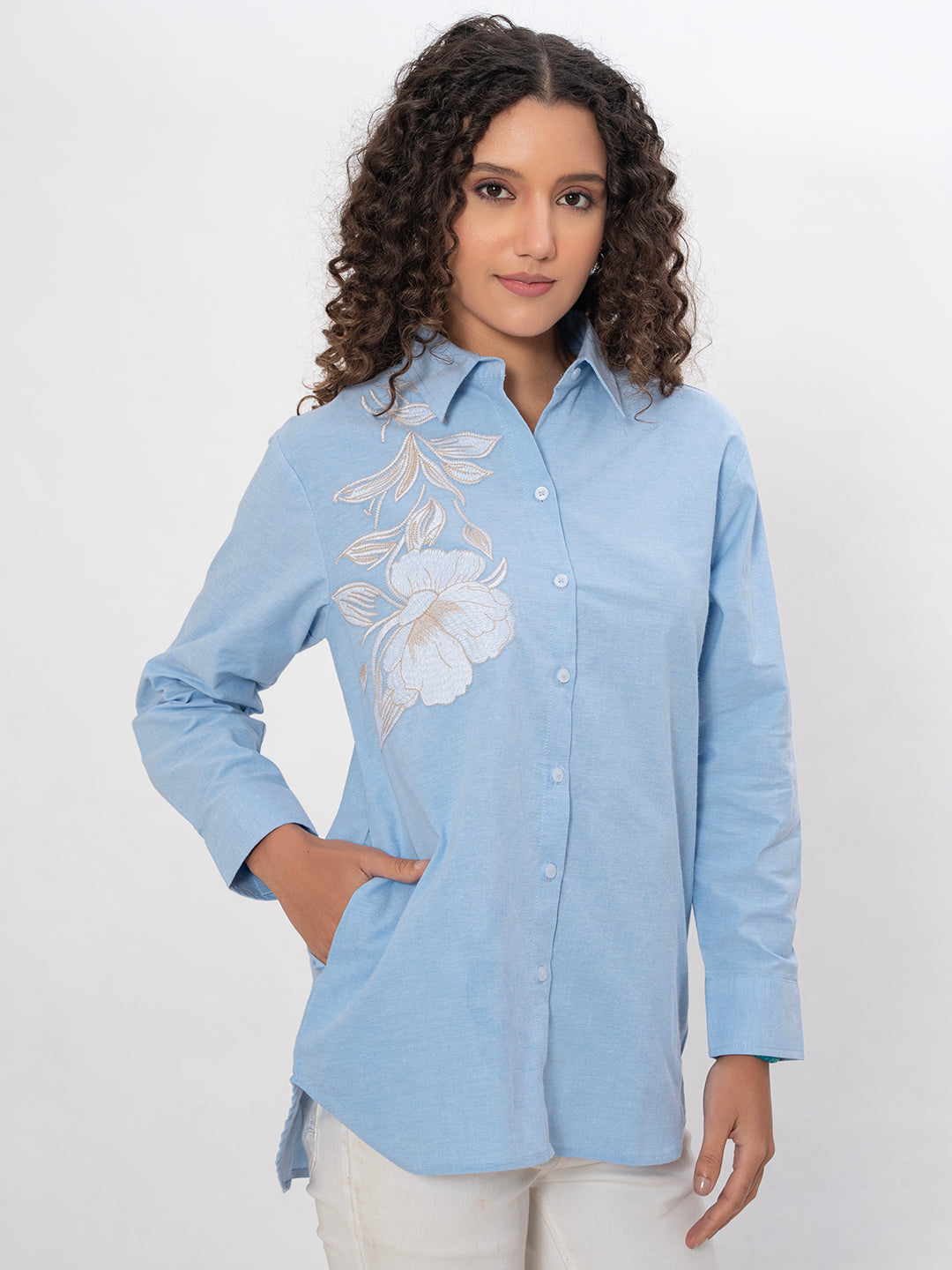 SOLID COLOR FLORAL FRONT AND BACK EMBROIDERED COTTON SHIRT