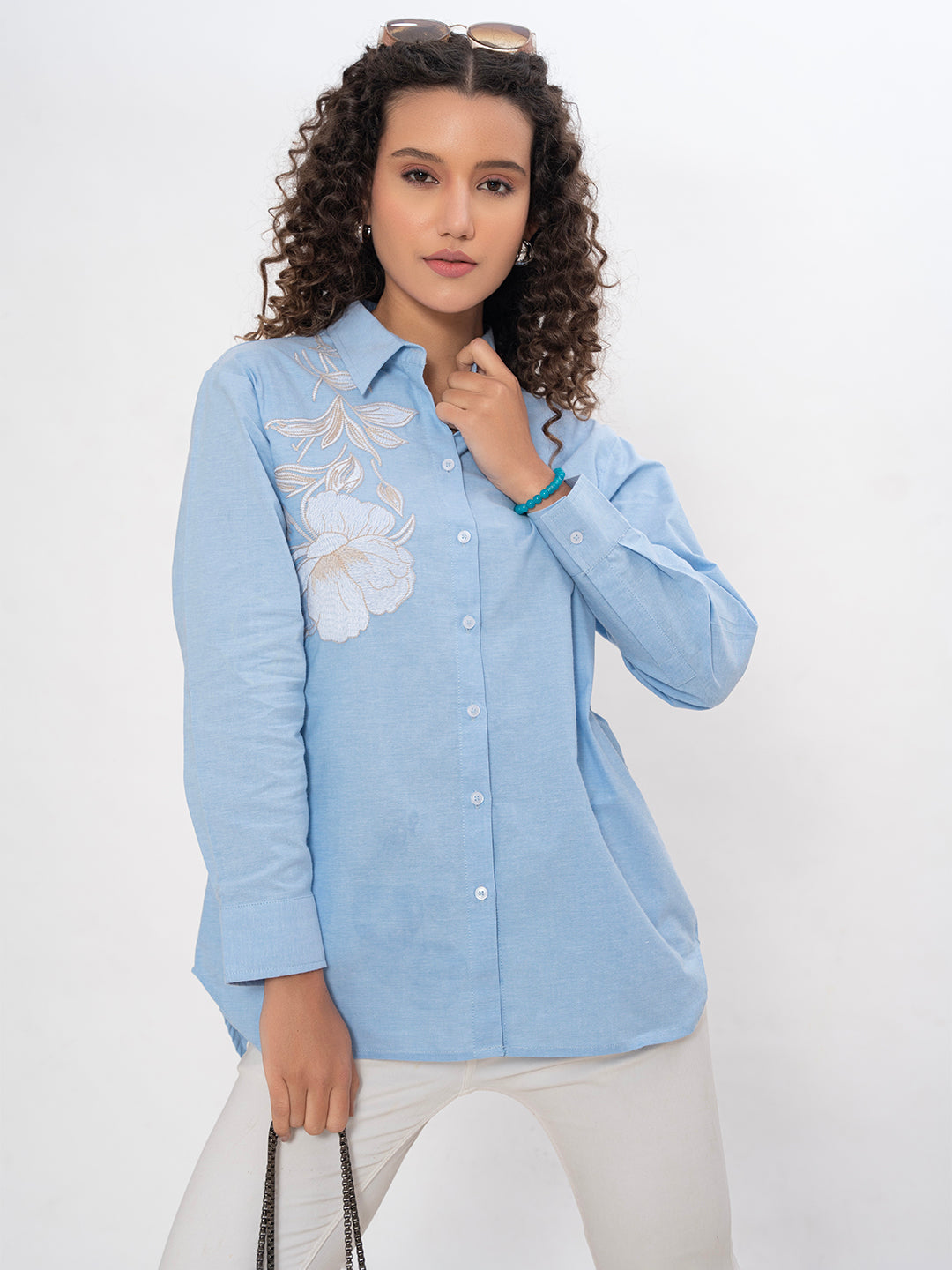 SOLID COLOR FLORAL FRONT AND BACK EMBROIDERED COTTON SHIRT