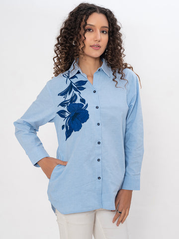 SOLID COLOR FLORAL FRONT AND BACK EMBROIDERED COTTON SHIRT