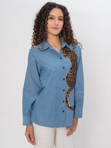 DENIM FRONT EMBROIDERED SEQUENCE SHIRT