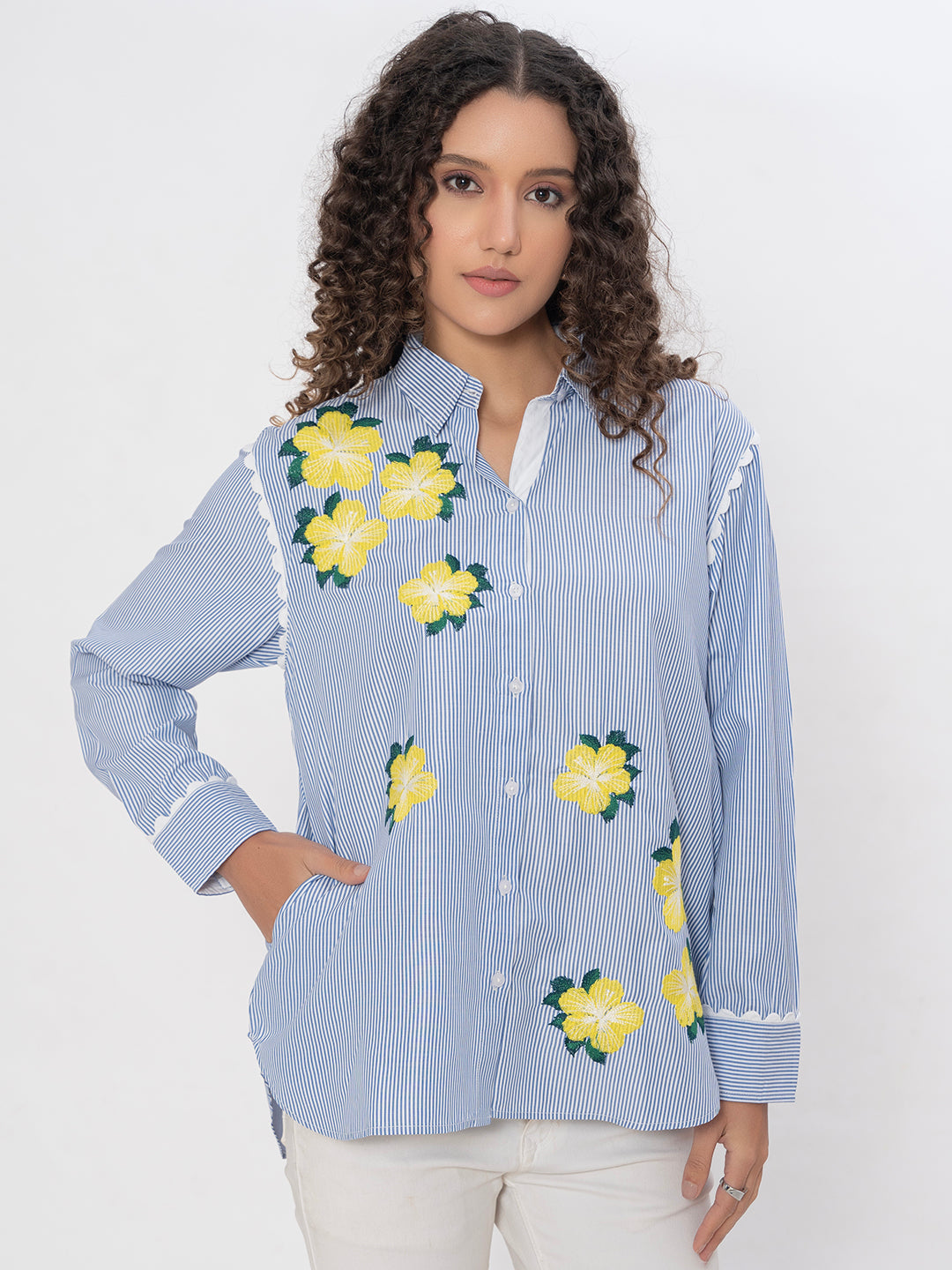 STRIPE FLORAL FRONT AND BACK EMBROIDERED COTTON SHIRT