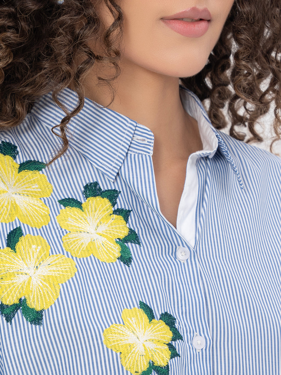 STRIPE FLORAL FRONT AND BACK EMBROIDERED COTTON SHIRT