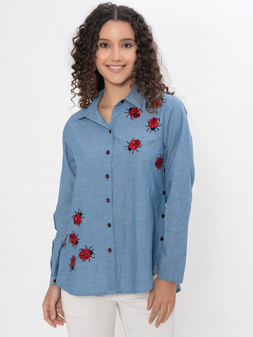 DENIM FRONT AND BACK EMBROIDERED SEQUENCE SHIRT