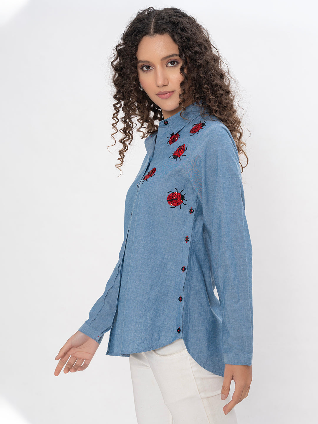 DENIM FRONT AND BACK EMBROIDERED SEQUENCE SHIRT