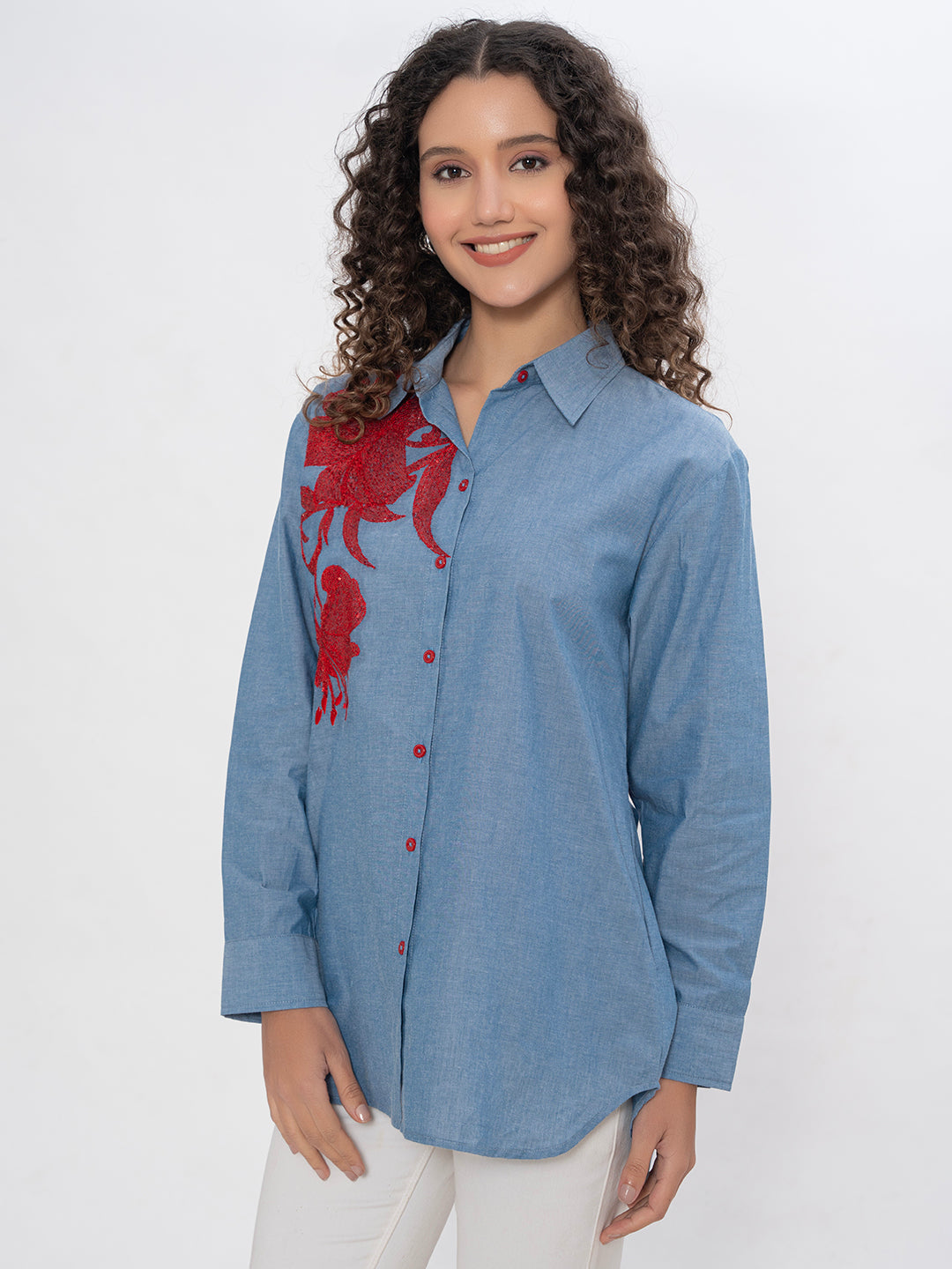 DENIM FRONT AND BACK EMBROIDERED SEQUENCE SHIRT