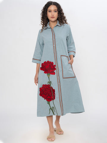 DENIM FRONT FLORAL EMBROIDERED SHIRT DRESS WITH PATCH POCKET