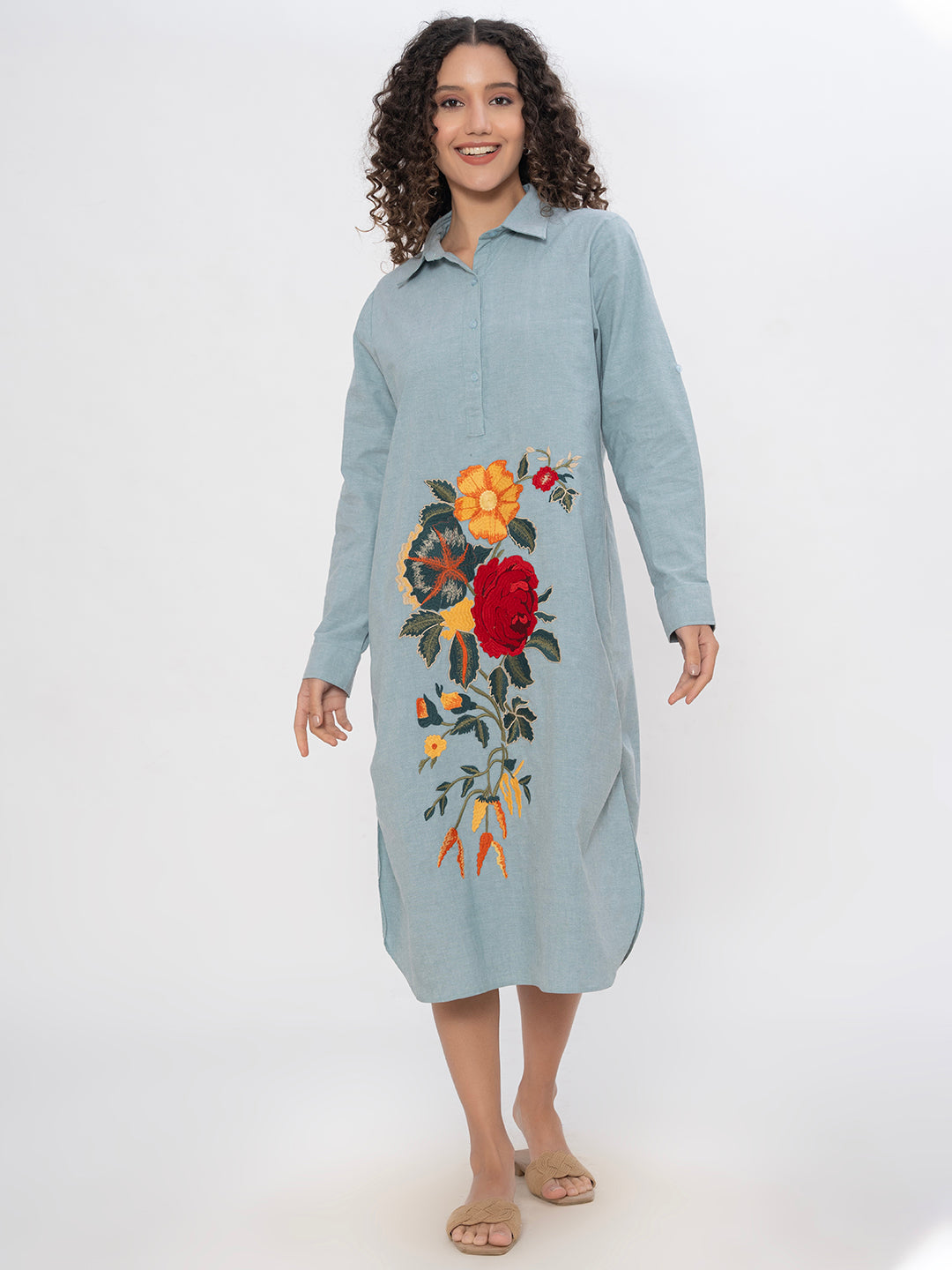 DENIM FRONT FLORAL EMBROIDERED SHIRT DRESS WITH SIDE SLITS