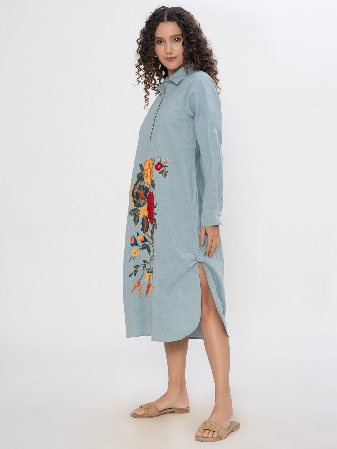 DENIM FRONT FLORAL EMBROIDERED SHIRT DRESS WITH SIDE SLITS