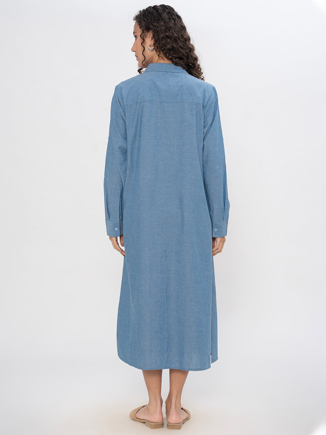 DENIM FRONT EMBROIDERED SEQUENCE SHIRT DRESS WITH SIDE SLITS