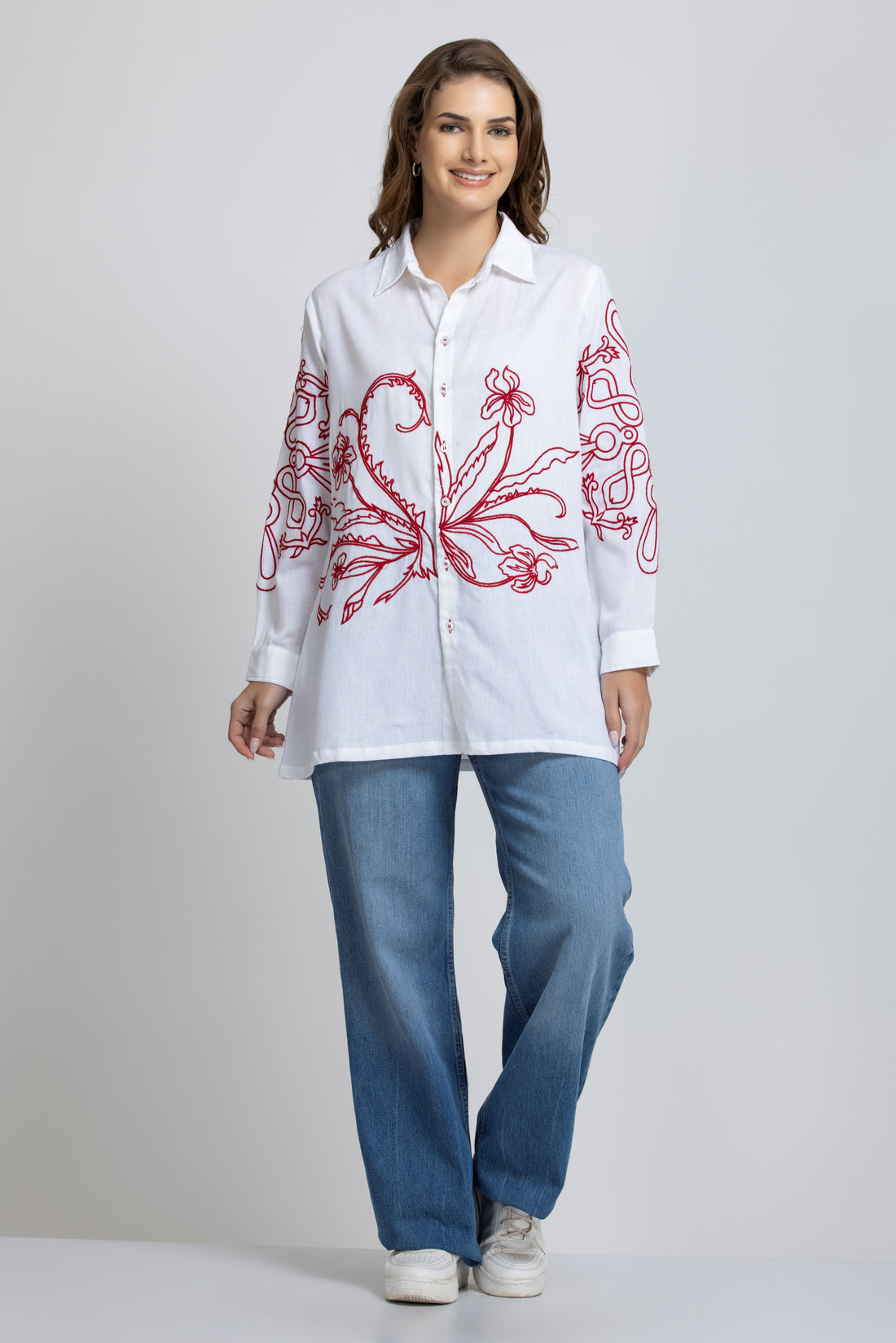 SOLID COLOR FRONT & SLEEVES EMBROIDERED BUTTON-UP SHIRT.