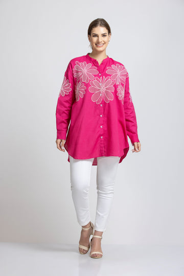 SOLID COLOR FRONT & SLEEVES EMBROIDERED BUTTON-UP SHIRT.