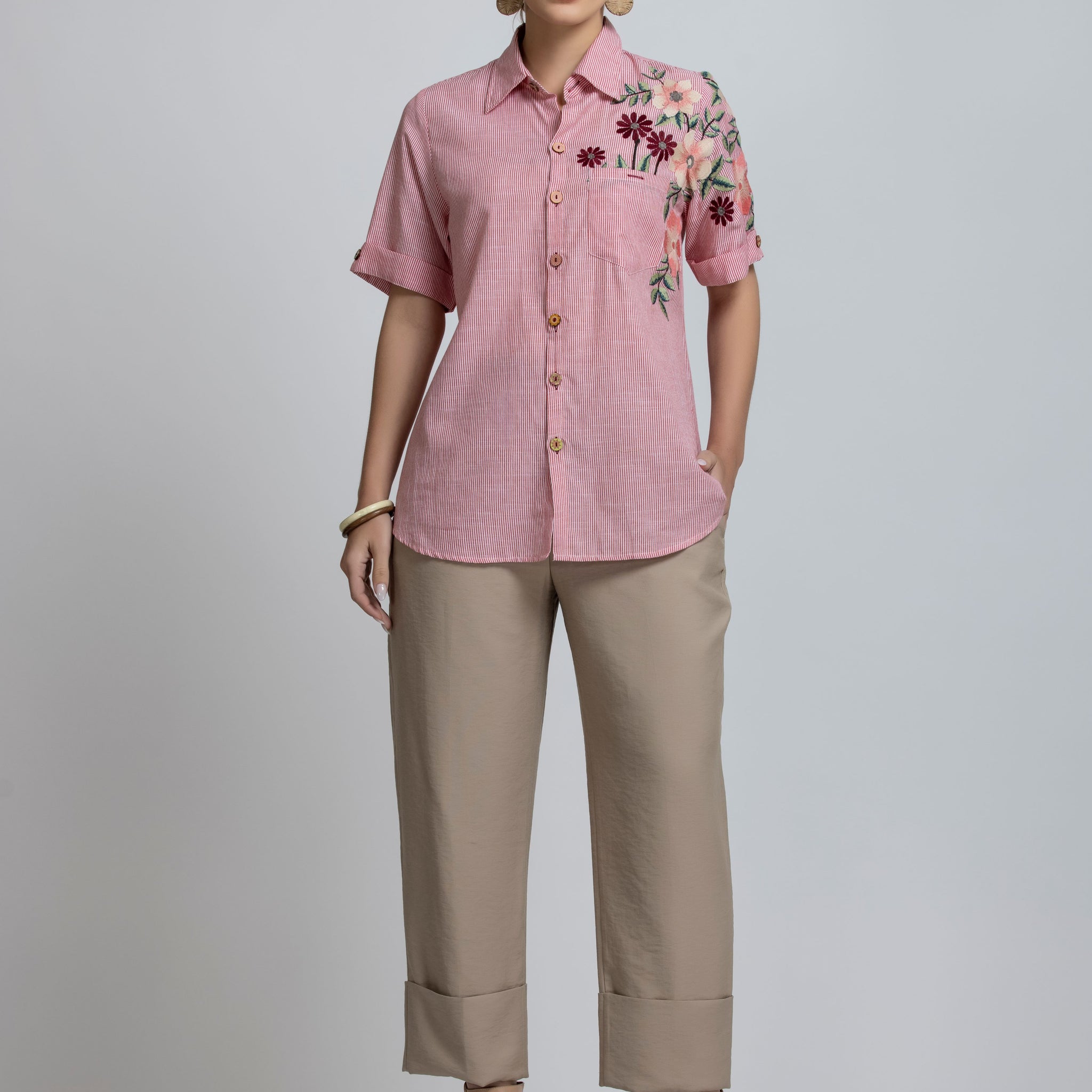 STRIPE FLORAL FRONT AND SLEEVES EMBROIDERED COTTON SHIRT