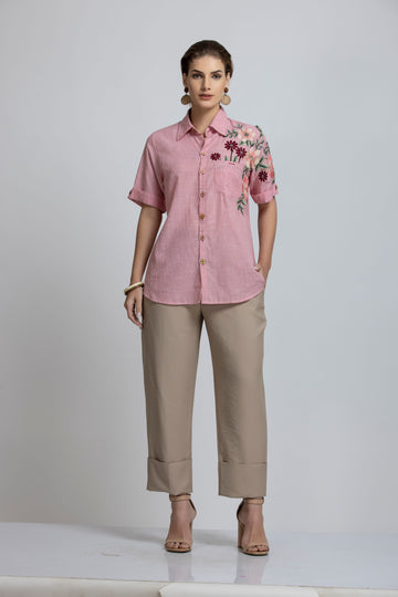 STRIPE FLORAL FRONT AND SLEEVES EMBROIDERED COTTON SHIRT