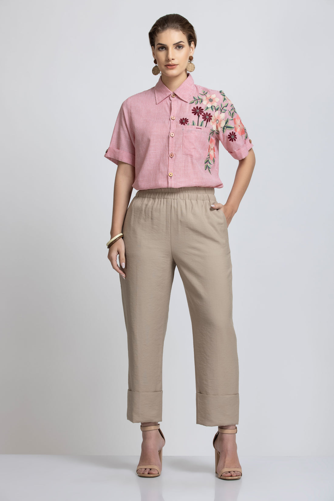 STRIPE FLORAL FRONT AND SLEEVES EMBROIDERED COTTON SHIRT