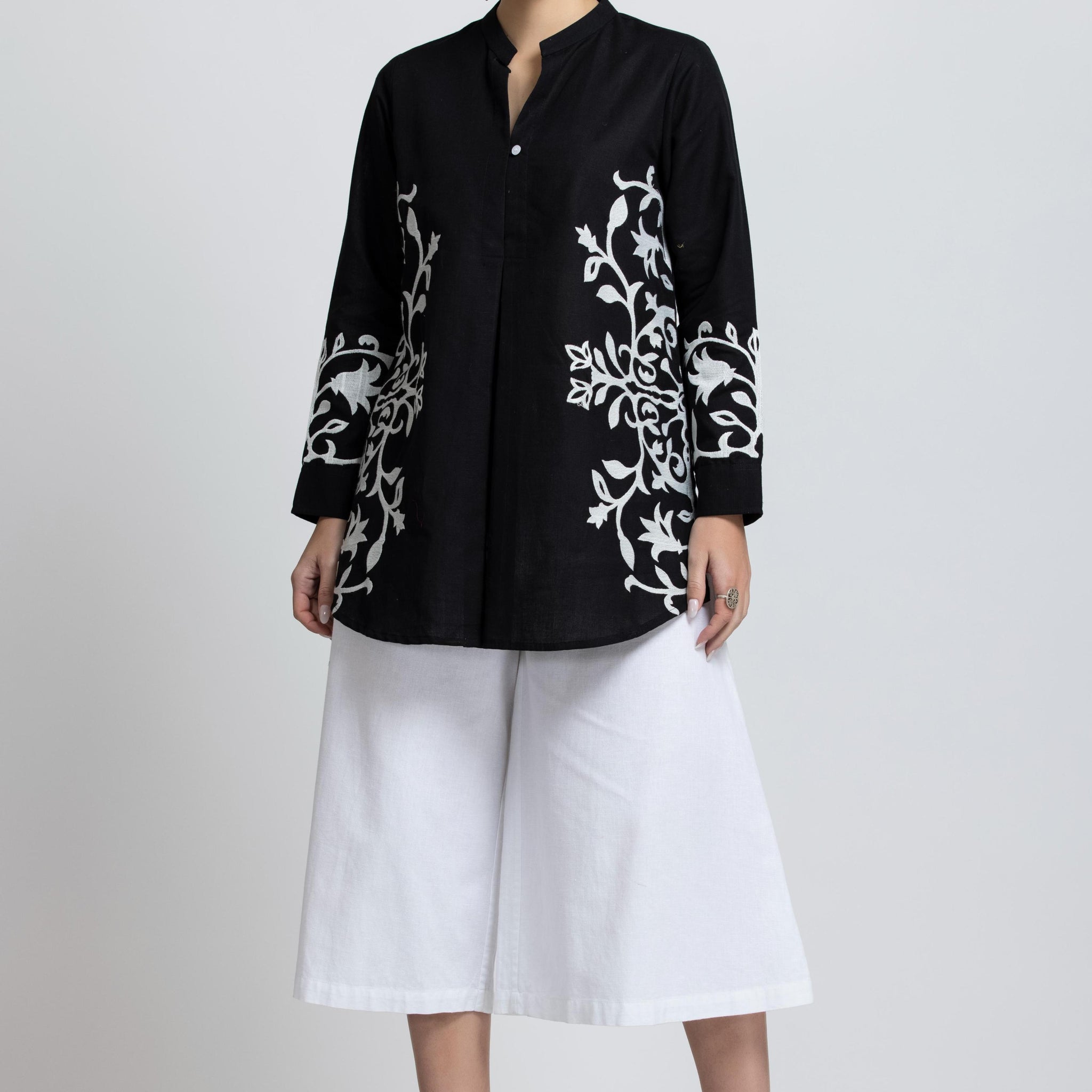 "SOLID COLOR FRONT & SLEEVES EMBROIDERED BUTTON-UP BLACK SHIRT